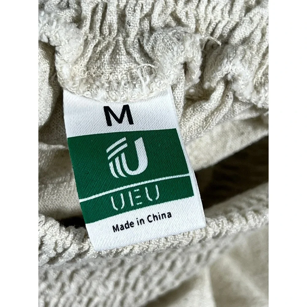 UEU Womens Beige Linen Blend Wide Leg Smocked High Waist Palazzo Pants Size M